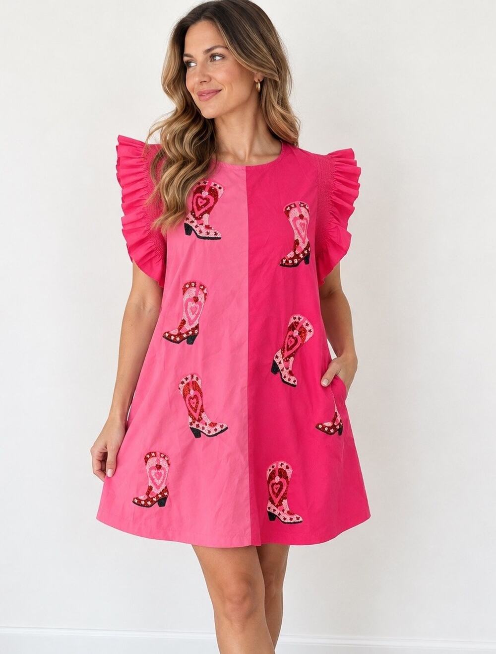 Peach Love California Two Tone Pink Sequin Cowgirl Boots Mini Dress SZ Large NWT